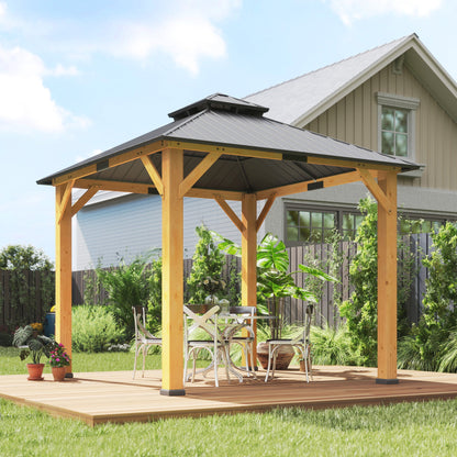 Outsunny 3x(3)M Outdoor Hardtop Gazebo Canopy with 2-Tier Roof and Solid Wood Frame, Outdoor Patio Shelter for Patio, Garden, Grey 