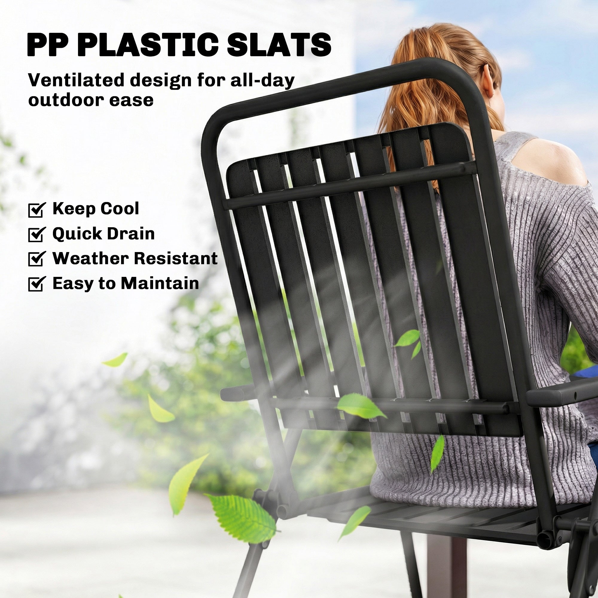 Outsunny Folding Garden Chairs, Garden Dining Chairs with Plastic Slatted Seat Back, Armrests, Steel Frame, Set of 4, Black 