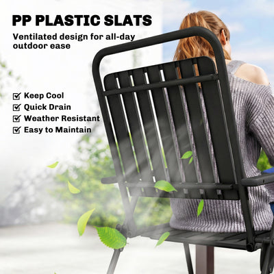 Outsunny Folding Garden Chairs, Garden Dining Chairs with Plastic Slatted Seat Back, Armrests, Steel Frame, Set of 4, Black 