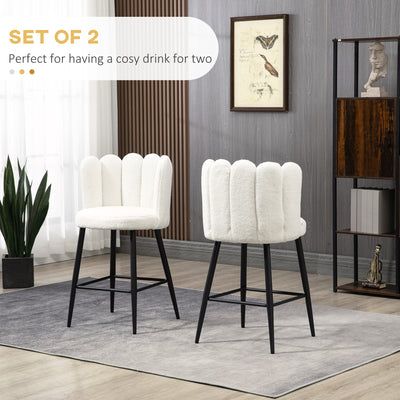 HOMCOM Bar Stools Set of 2, Faux Cashmere Upholstered Breakfast Bar Chairs, Modern Kitchen Stools with Backs, Footrest and Steel Base, Cream 