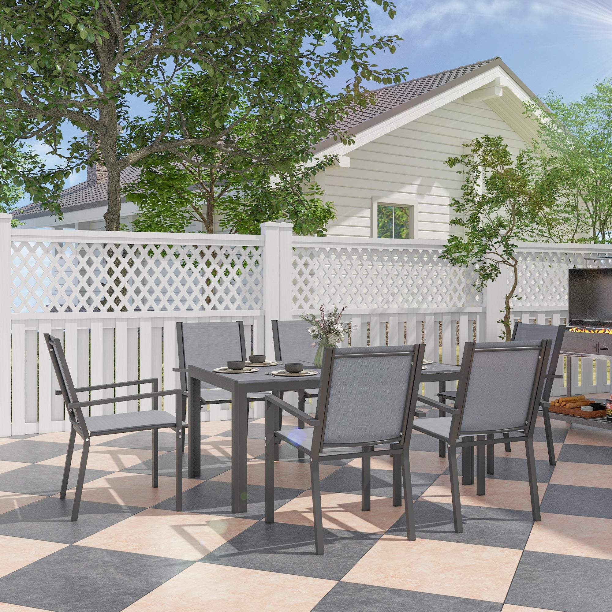 Outsunny Seven-Piece Garden Dining Set, with Plastic Wood-Top Table - Grey 