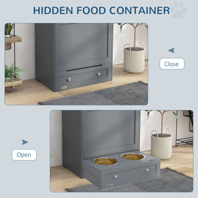 PawHut Pet Feeder Station, Dog, Cat Storage Container, with Raised Bowls, Hanger, Cabinet - Grey 