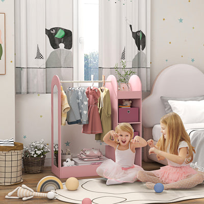 AIYAPLAY Kids Clothes Rail with Storage Shelf, Boxes, Mirror for Bedroom, Nursery, Pink 