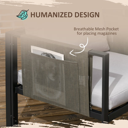 Outsunny 4 Piece Metal Garden Furniture Set with Tempered Glass Coffee Table, Texteline Pocket, Outdoor Patio Set Loveseat Single Armchairs with Padded Cushions, Light Grey 