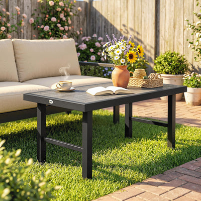 Outsunny Metal Garden Coffee Table, Outdoor Side Table with SPC Woodgrain Tabletop for Outside, 100 x 52 x 46cm, Dark Grey 