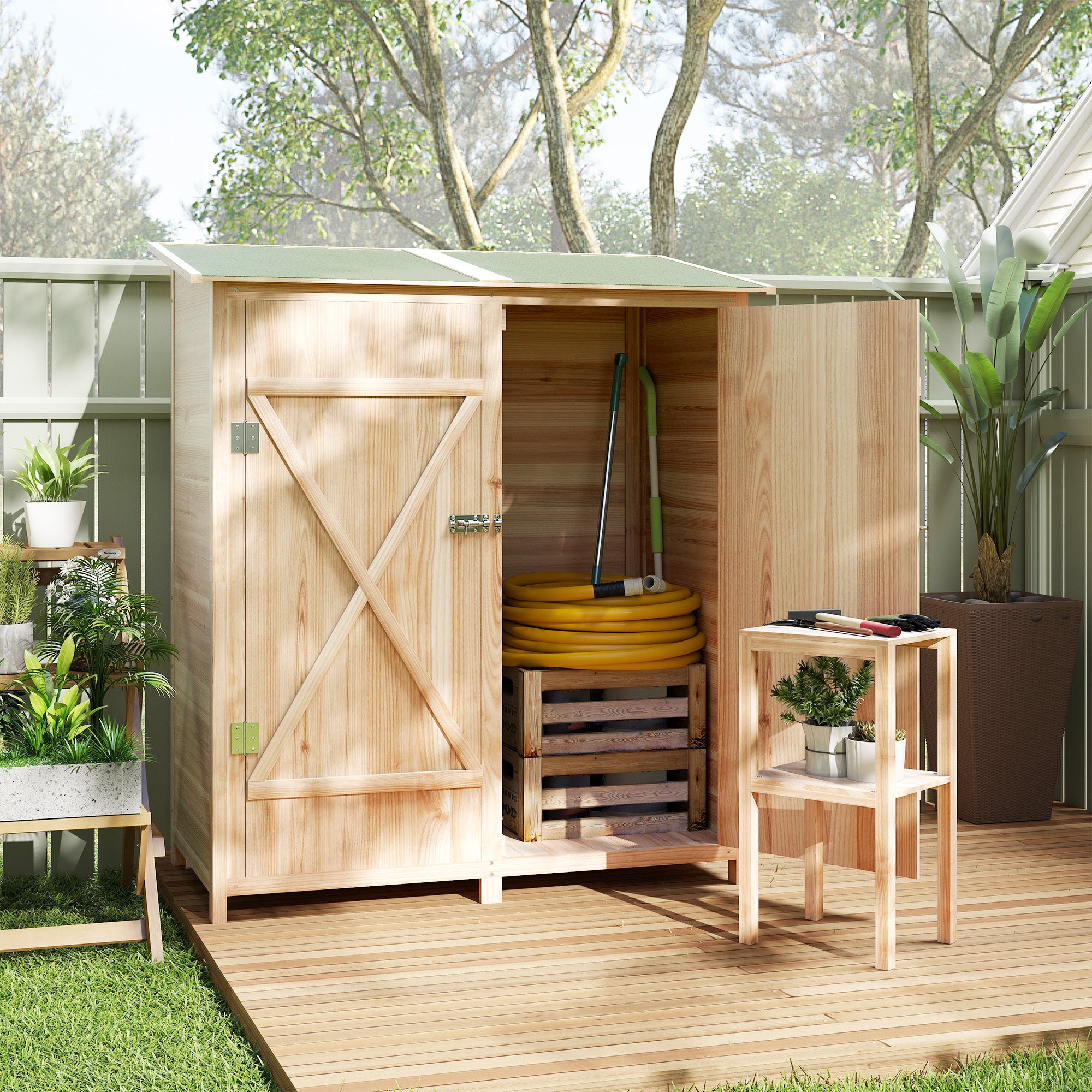Outsunny 140 x 75 Fir Wood Garden Shed, with Asphalt Roof - Natural 