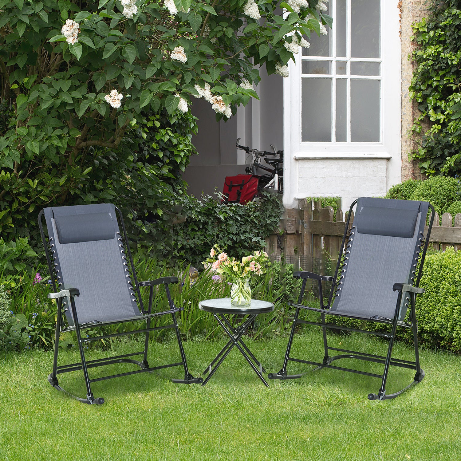 Outsunny 3 Piece Outdoor Rocking Set with 2 Folding Chairs and 1 Tempered Glass Table, Patio Bistro Set for Garden, Deck, Grey 