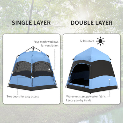 Outsunny Double Layer Dome Tent with Rainfly and Welded Floor, 4 Man Hexagon Pop Up Tent, Portable Camping Shelter with Hang Hook and Carry Bag, for Festival Hiking Family, Blue and Black 
