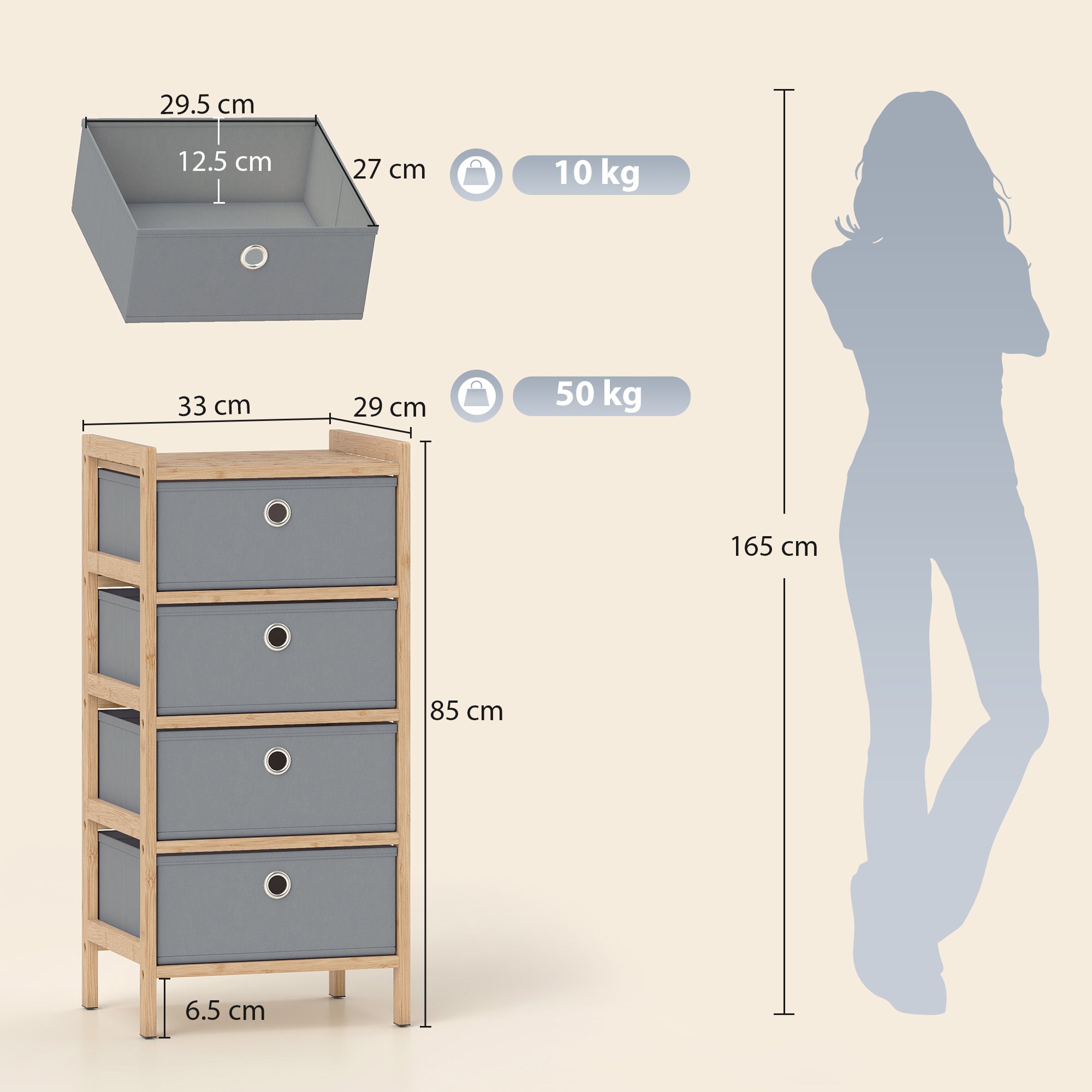 HOMCOM Chest of Drawers, 4 Fabric Drawers Narrow Dresser with Bamboo Frame, Light Grey 