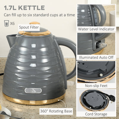 HOMCOM Kettle and Toaster Sets, 3000W 1.7L Rapid Boil Kettle & 4 Slice Toaster with 7 Browning Controls, Defrost, Reheat and Crumb Tray, Otter thermostat, Grey 