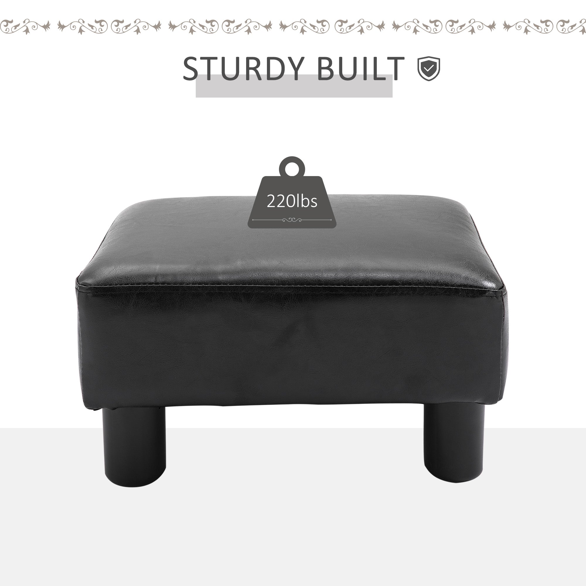 HOMCOM Faux Leather Footstool, Small Foot Rest, Rectangle Sofa Stool for Bedroom Living Room, Black 