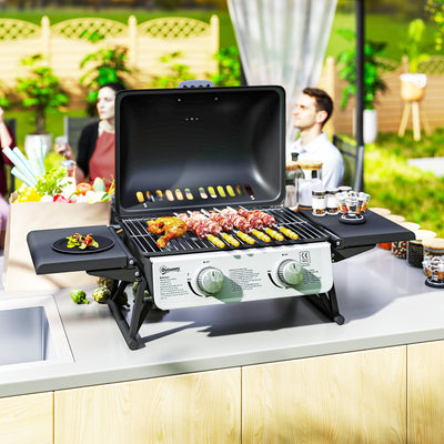 Outsunny 2 Burner Gas BBQ Grill with Foldable Side Tables, Portable Tabletop Gas Barbecue Grill with Built-in Thermometer, Lid, Grease Tray for Garden Party Camping Picnic Outdoor Cooking 5.6KW, Black 