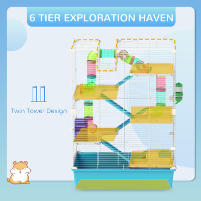 PawHut 6 Tier Hamster Cage, Small Animal Cage with Tubes, Exercise Wheel, Ramps, Hut, Food Dish, Water Bottle, Light Blue 