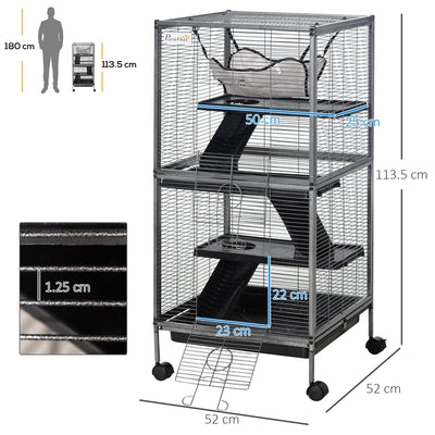 PawHut Small Animal Cage with Wheels Pet Home for Chinchillas Ferrets Kittens, with Hammock, 4 Platforms, Removable Tray, Silver 