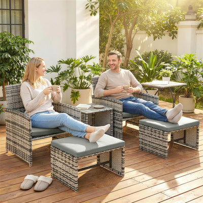Outsunny 6 Piece Rattan Garden Furniture, Space-Saving Patio Furniture Set with Nesting Tables, Chairs, Stools, Cushions, Grey 