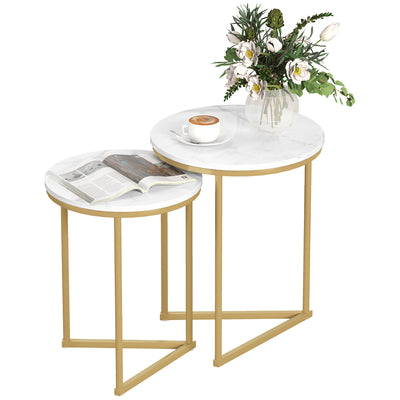 HOMCOM Set of Two Marble-Effect Nest of Tables - White/Gold-Tone 
