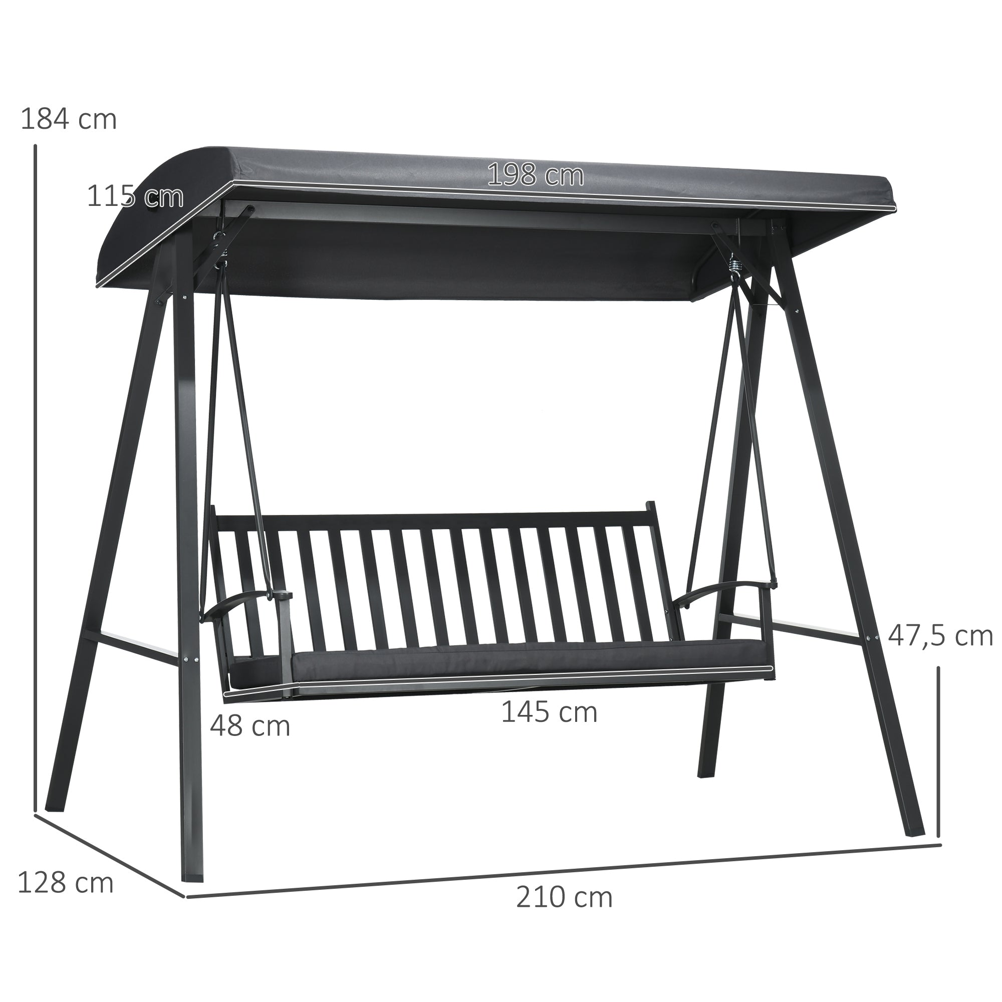 Outsunny 3-Seat Garden Swing Chair, Outdoor Canopy Swing with Removable Cushion, Adjustable Shade, and Slatted Bench, for Porch, Poolside, Backyard, Dark Grey 