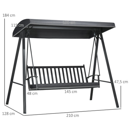 Outsunny 3-Seat Garden Swing Chair, Outdoor Canopy Swing with Removable Cushion, Adjustable Shade, and Slatted Bench, for Porch, Poolside, Backyard, Dark Grey 
