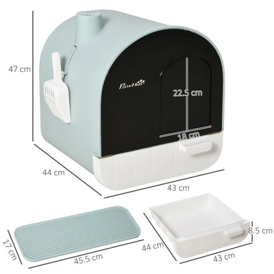 PawHut Hooded Cat Litter Box, Kitten Litter Tray, with Lid, Scoop, Filter, Flap Door 