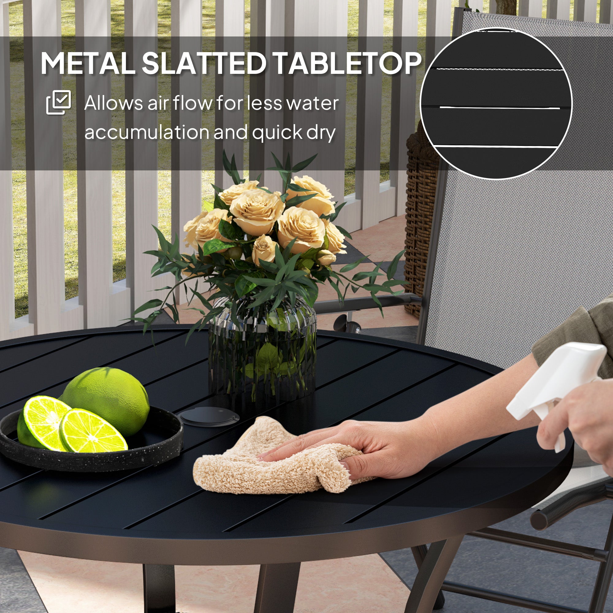 Outsunny 90 cm Garden Dining Table with 4-5 cm Parasol Hole, Round Outdoor Dining Table, Steel Garden Table with Slatted Metal Top and Wire Shelf for Balcony, Porch, Black 