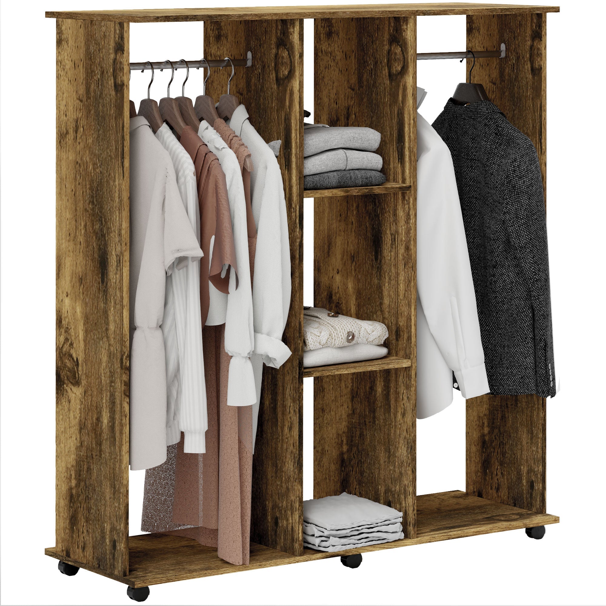 HOMCOM Open Wardrobe Double Mobile Storage Shelves Organizer W/6 Wheels-Rustic Brown 
