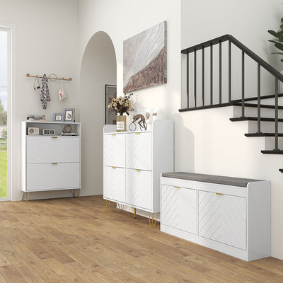 HOMCOM 12 Shoe Storage Cabinet, with Chevron Indents and Gold Tone Accents - White 