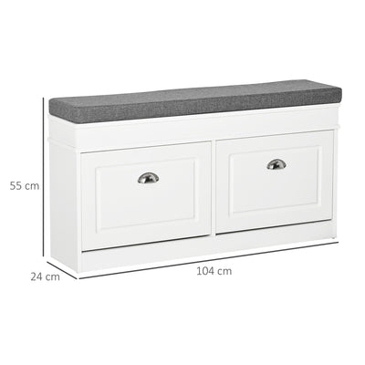 HOMCOM Shoe Storage Bench with Flip Drawers, Shoe Cabinet with Seat Cushion and Adjustable Shelf for Hallway, Entryway, Living Room, Bedroom, White 