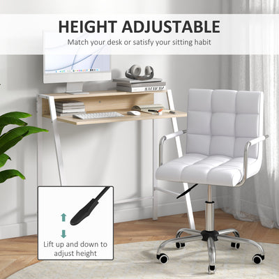 HOMCOM Home Office Chair and Computer Desk Set, Faux Leather Desk Chair with Swivel Wheels, Study Desk with Storage Shelf, White 