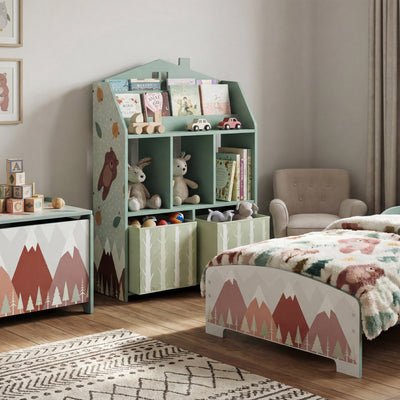 AIYAPLAY Kids Bookshelf with Storage, Toy Storage Unit with Book Display, Shelves and Fabric Drawers for Playroom Nursery, Green 