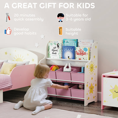 AIYAPLAY Kids Storage Unit, Toy Organiser with 6 Fabric Drawers and 2-Tier Sling Book Rack for Bedroom, Playroom, Nursery, Pink 