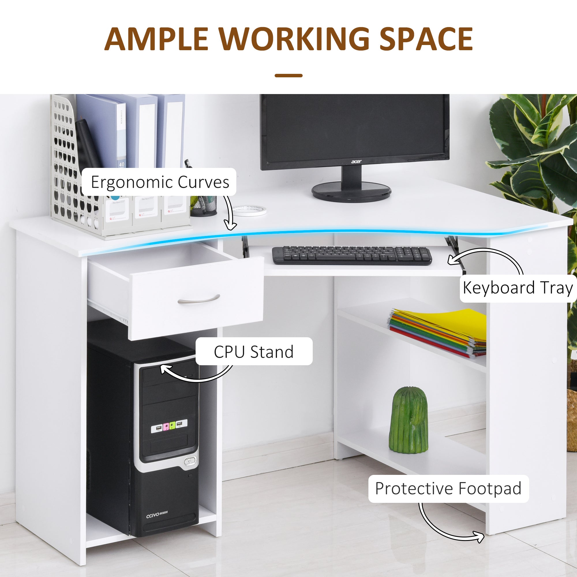 HOMCOM L-Shaped Corner Computer Desk w/ 2 Shelves Wide Worktop Keyboard Tray Drawer & CPU Stand Home Office Study Bedroom Furniture White 