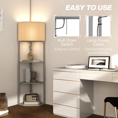 HOMCOM Corner Floor Lamp with Shelves, Tall Standing Lamps for Living Room, with Pull Chain Switch Bulb not Included, Grey 