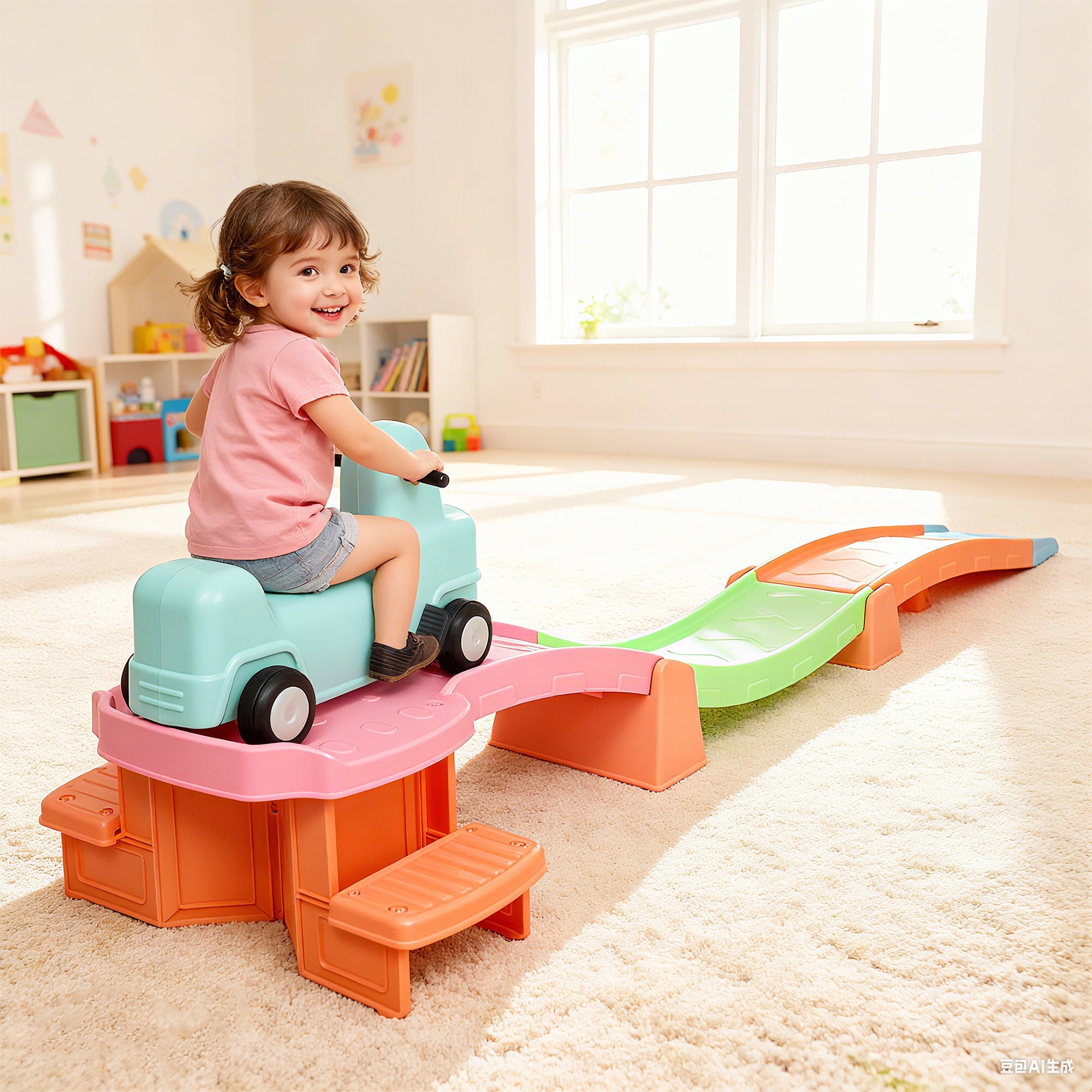 AIYAPLAY 3(m) Four-Piece Ride on Kids Roller Coaster w/ Non-Slip Steps, for Ages 2-5 Years - Orange 