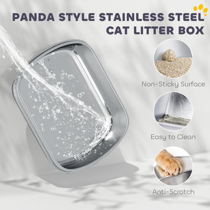 PawHut Panda Style XL Stainless Steel Cat Litter Box with Lid, Enclosed Kitty Litter Box with Scoop, 60 x 40 x 45 cm