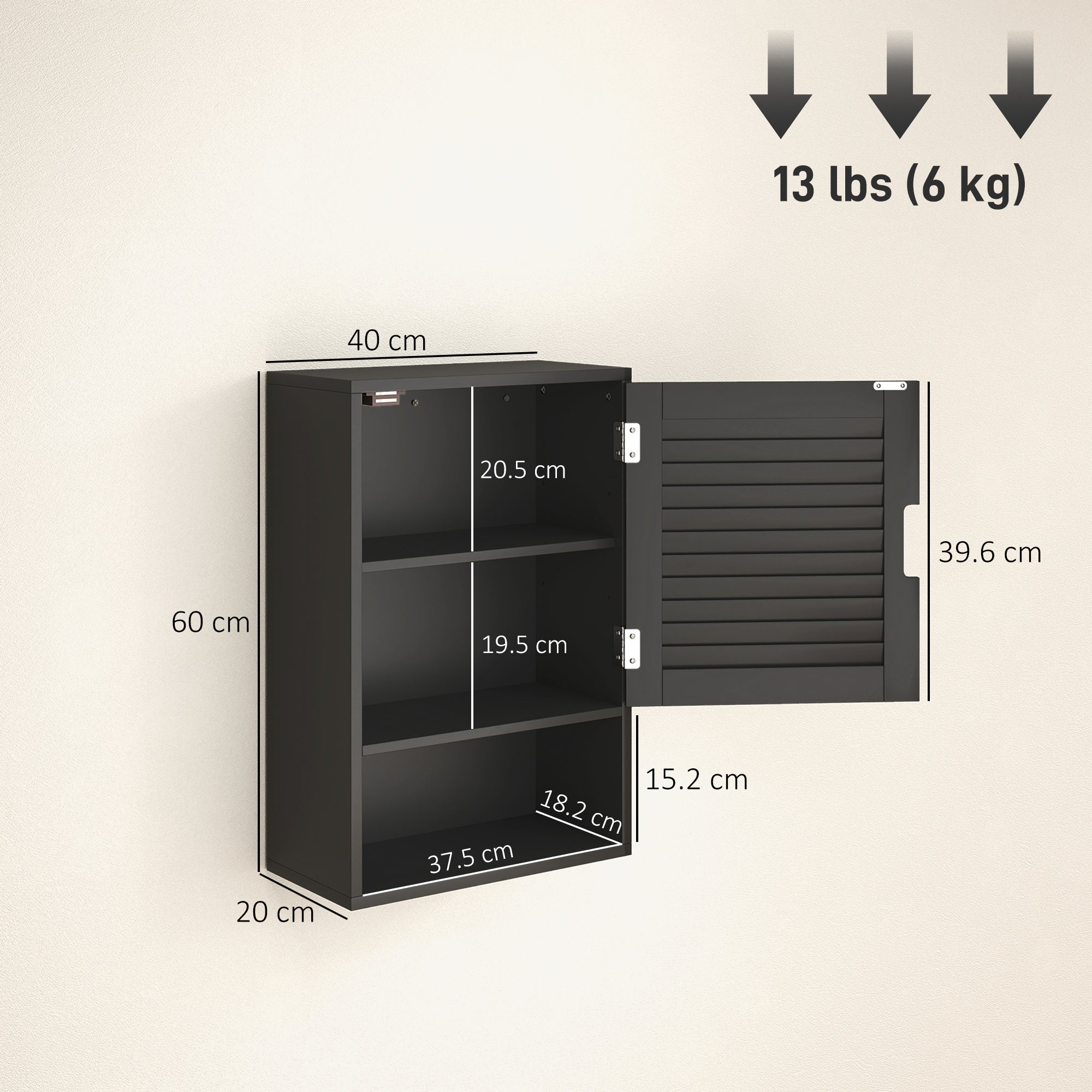 HOMCOM Bathroom Cabinet, Wall Mounted Storage Cabinet with Adjustable Shelves, 40 x 20 x 60 cm, Black 
