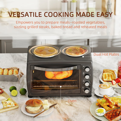 HOMCOM 36L Small Oven with 2 Hot Plates, Countertop Toaster Oven, Grill, Roast, Bake, Boil, with Timer, Adjustable Temperature, Electric Oven with Baking Tray, Grill Rack, Crumb Tray, 2600W, Black 