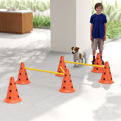 PawHut Dog Agility Equipment Set of 6 Cones, 6 Poles with Carry Bag, 3 PCS Adjustable Height Jumping Obstacles, Orange 