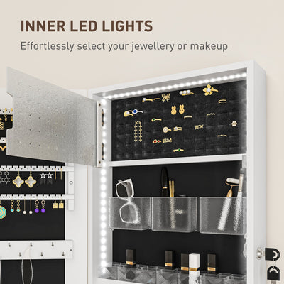 HOMCOM 108 x 37cm Lockable Jewellery Cabinet, with LED Lights - White Surface and Black Lining 