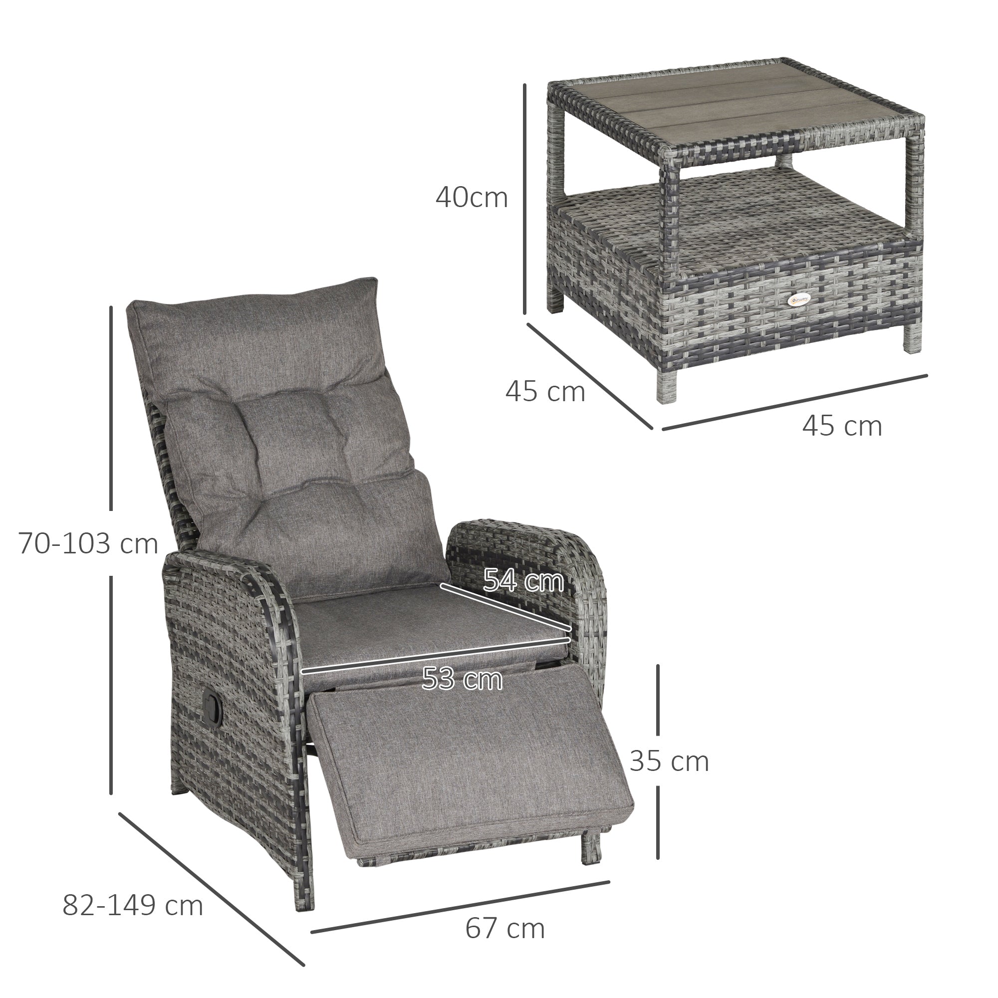 Outsunny 2 Seater Patio Wicker Chaise Lounge Sofa Set with Fabric Cushion, Grey 
