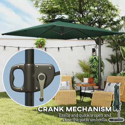 Outsunny Cantilever Parasol with Weighted Base Double Top Garden Parasol Square Hanging Patio Umbrella with Crank Tilt Dark Green 