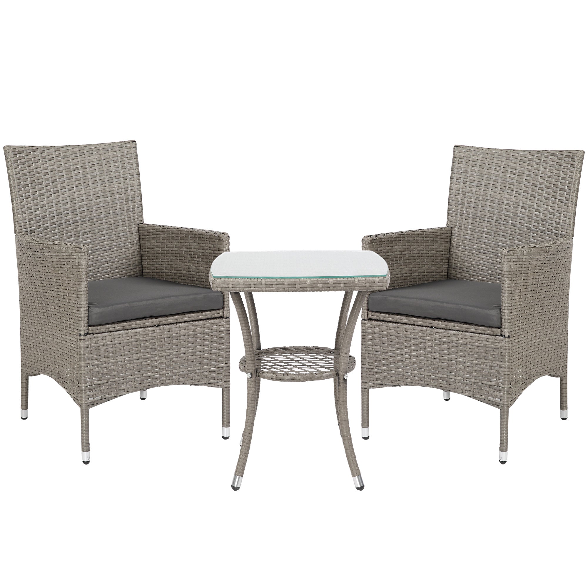 Outsunny 3 Pieces Rattan Bistro Set, Wicker Garden Furniture Set with 2-Tier Coffee Table and Chairs, Washable Cushions, for Outdoor Patio Balcony, Grey 