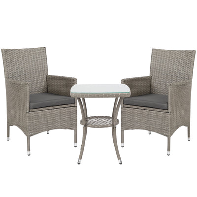 Outsunny 3 Pieces Rattan Bistro Set, Wicker Garden Furniture Set with 2-Tier Coffee Table and Chairs, Washable Cushions, for Outdoor Patio Balcony, Grey 