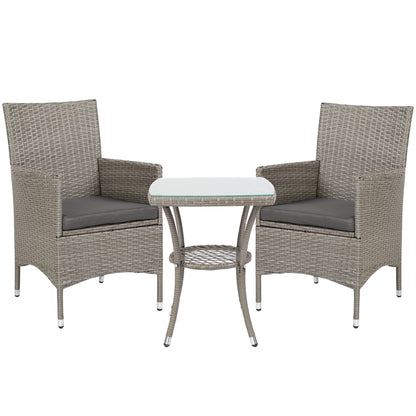 Outsunny 3 Pieces Rattan Bistro Set, Wicker Garden Furniture Set with 2-Tier Coffee Table and Chairs, Washable Cushions, for Outdoor Patio Balcony, Grey 