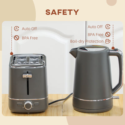 HOMCOM Kettle and Toaster Set, 1.7L 3000W Fast Boil Kettle & 2 Slice Toaster Kitchen Set with 6 Level Browning Controls, Defrost, Reheat, Grey 