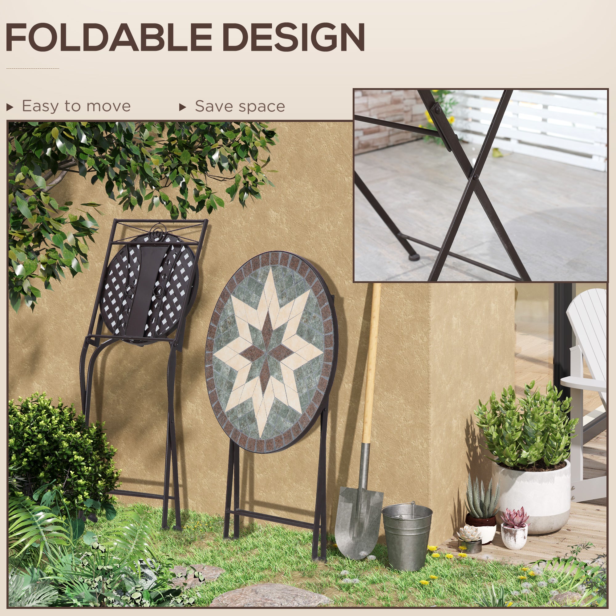 Outsunny 3-Piece Patio Bistro Set, Mosaic Table and 2 Armless Chairs with Foldable Design, Metal Frame for Garden, Poolside, Coffee 