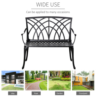 Outsunny 2-Seater Cast Aluminium Garden Bench Loveseat Outdoor Furniture Chair w/ Decorative Backrest & Ergonomic Armrest for Patio Terrace Porch 