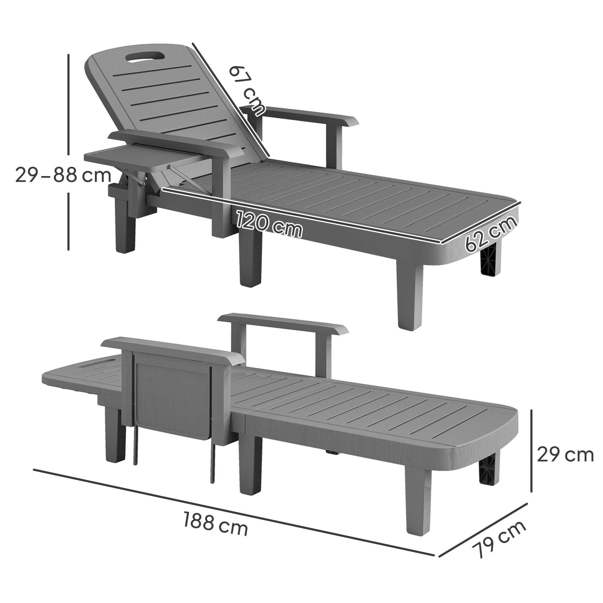 Outsunny Set of 2 Resin Reclining Sun Loungers for Garden, 5 Positions Adjustable Outdoor Chaise Lounge Chairs with Wood Texture Surface, Armrests, Foldable Side Table for Garden, Beach, Dark Grey 