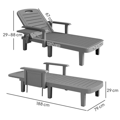 Outsunny Set of 2 Resin Reclining Sun Loungers for Garden, 5 Positions Adjustable Outdoor Chaise Lounge Chairs with Wood Texture Surface, Armrests, Foldable Side Table for Garden, Beach, Dark Grey 
