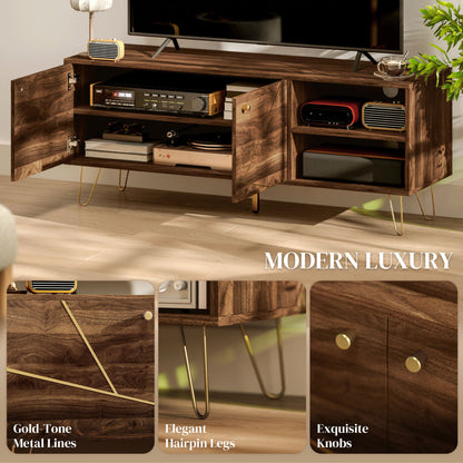 HOMCOM TV Stand Cabinet for up to 60 Inch TV, Modern 130cm TV Unit with Adjustable Shelves and Hairpin Legs, Double Door TV Cabinet for Living Room, Bedroom, Brown 