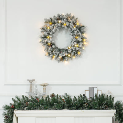 HOMCOM 60" Snowy Pine Cone and Berry Christmas Wreath, with LED Lights 
